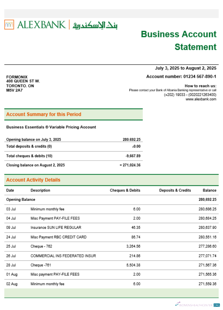 Download Alex bank company statement Word and PDF format Photoshop template